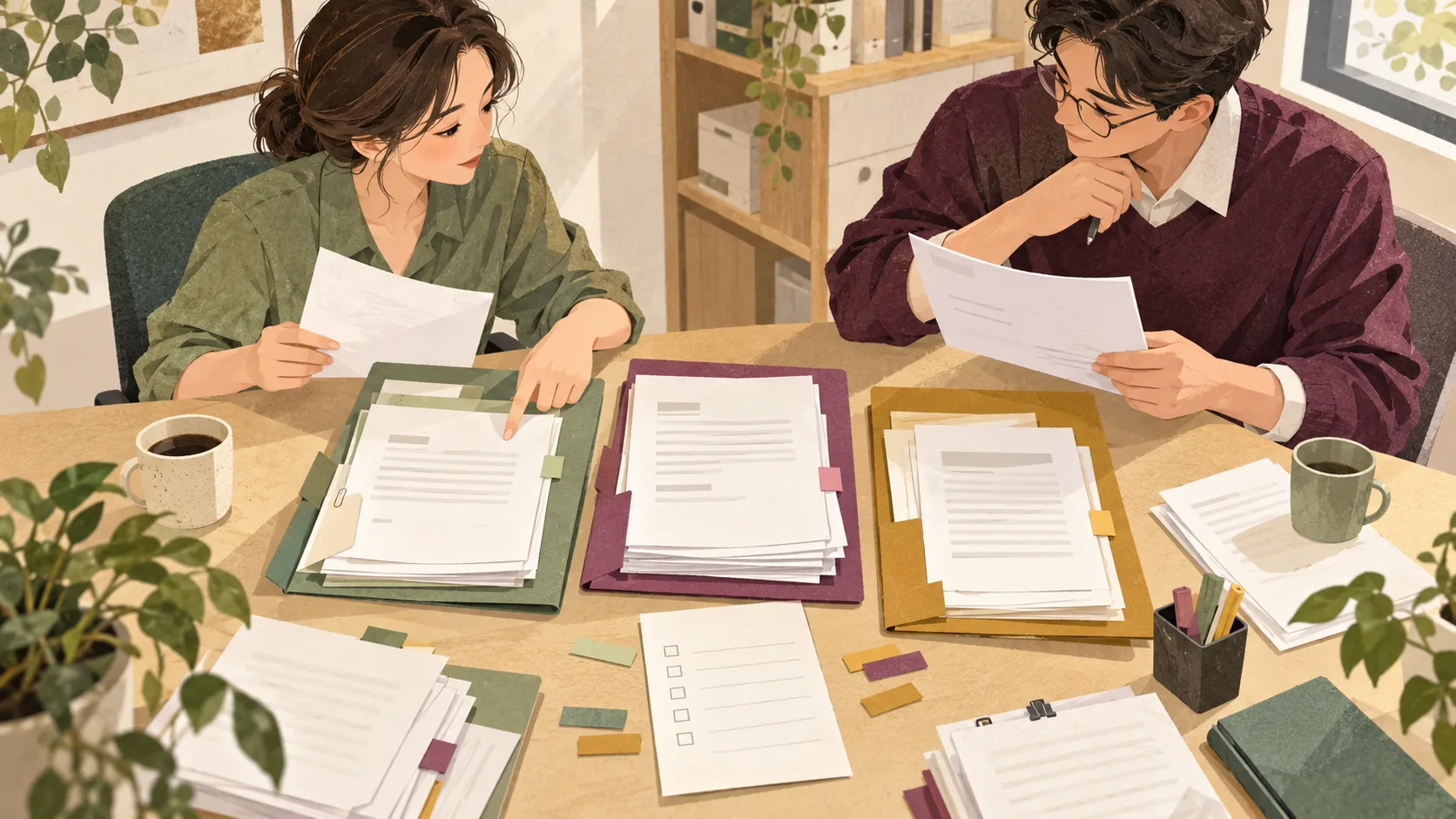 两位工作人员核对三组门店资料,用文件夹和检查表整理提交与交接事项