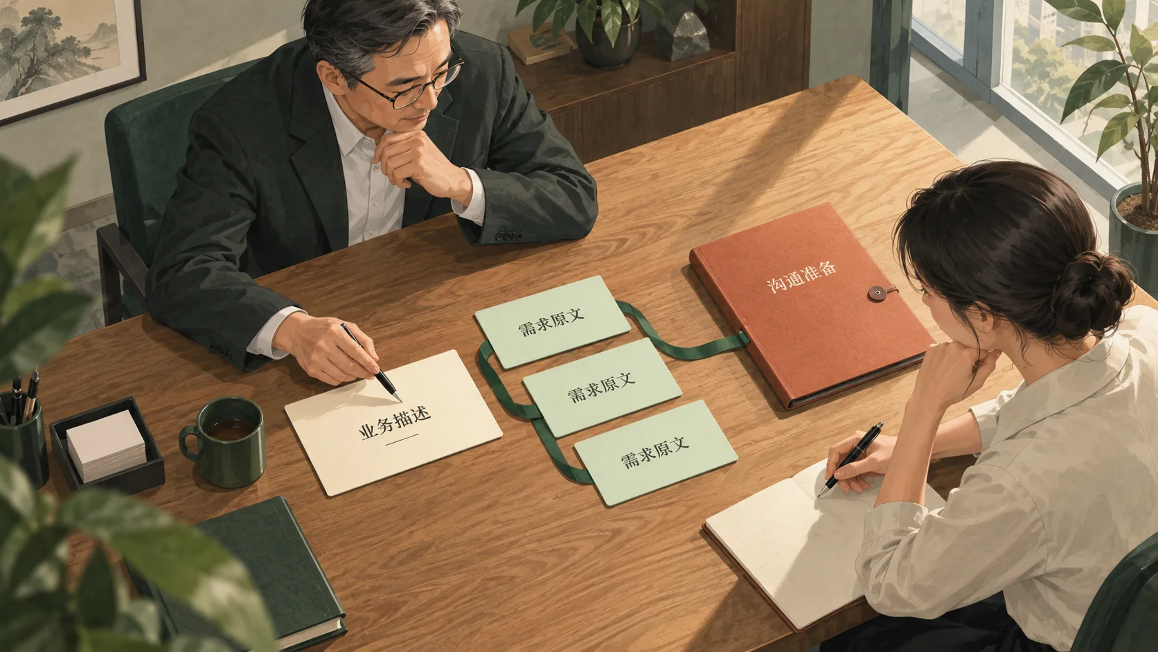销售负责人和新同事一起讨论摄影业务的需求材料