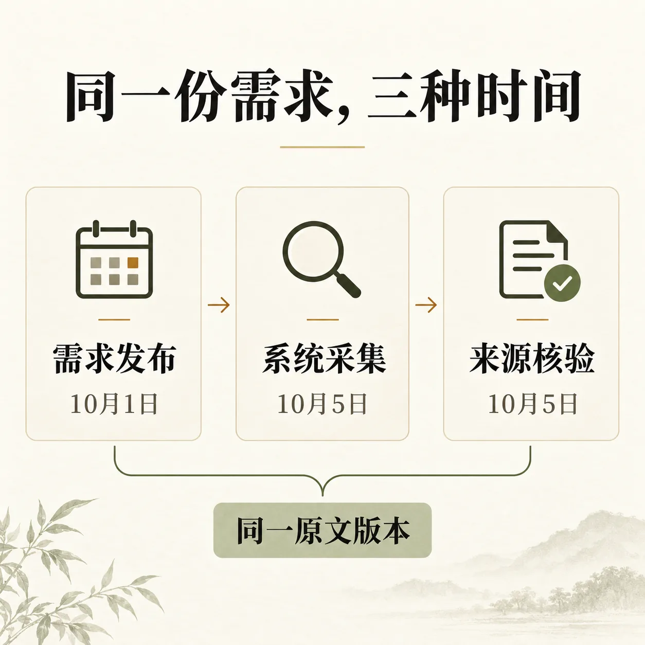 发布时间、采集时间和复核时间分别对应需求发生、材料发现与原文检查